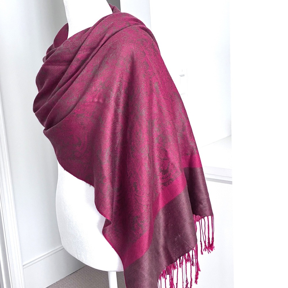 Italian Renaissance Jewel Tones Pashmina Scarf Shawl Fringe Trim Burgundy Brown